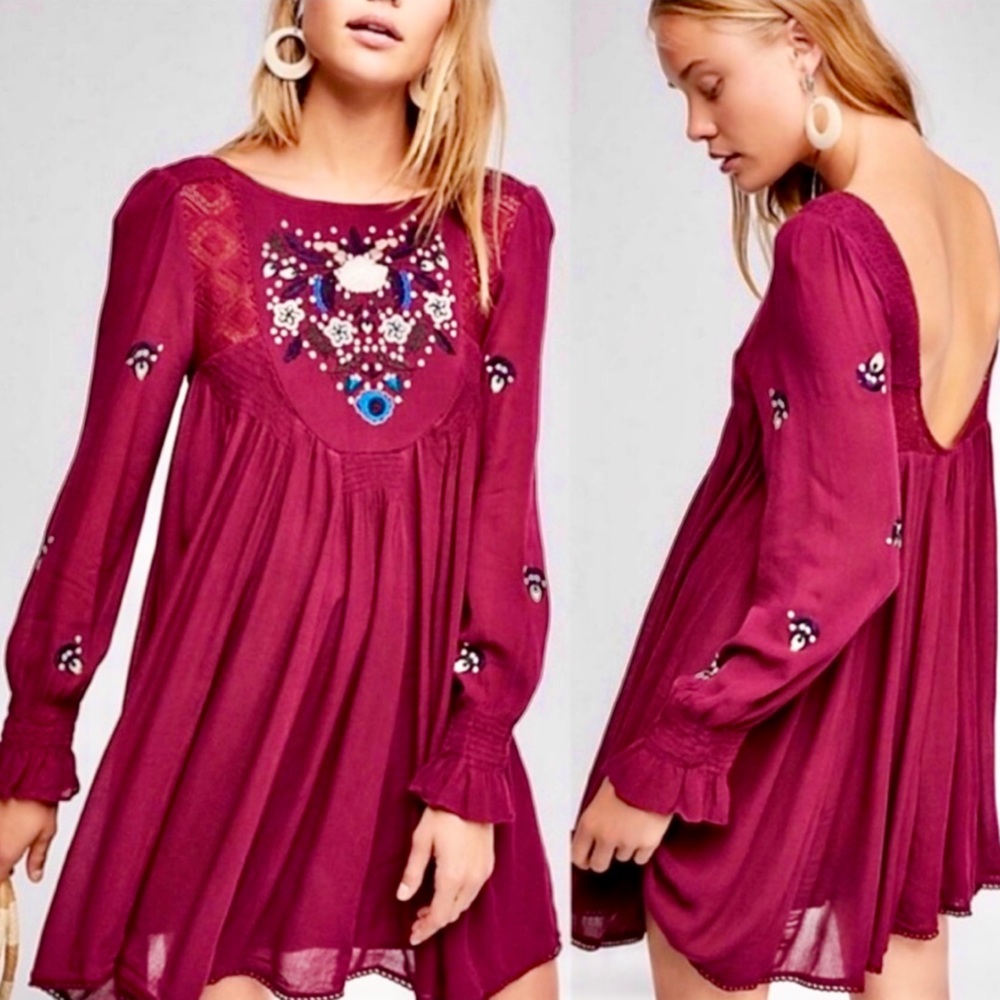 Free People Magenta Embroidered Dress